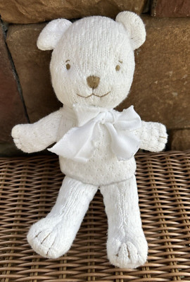 Vintage Gymboree Stuffed Teddy Bear Rattle White Knit Scarf Brown Stitched Eyes