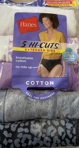 Hanes Womens Size 11 Purple Gray Cotton Tagless Hi Cuts Panties Underwear 5 Pack