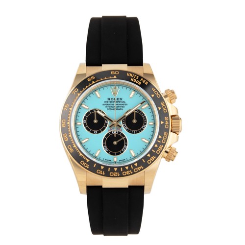Rolex Cosmograph Daytona Gold Turquoise Blue Oysterflex 40mm 126518LN Full Set