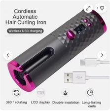 Cordless Auto Hair Curler – Ceramic Rotating Curling Iron, 6 Temps & Timers, Fas