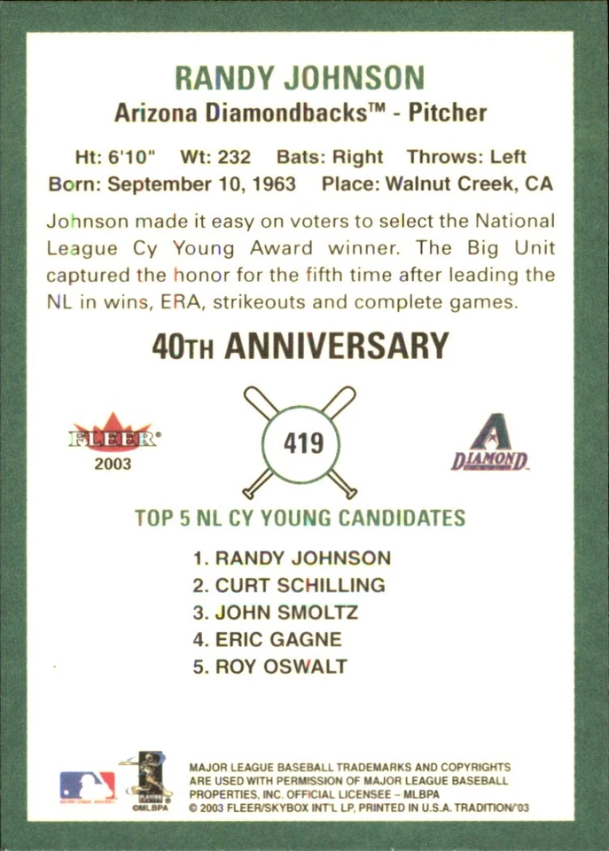 Randy Johnson 2003 Fleer Tradition #419 Arizona Diamondbacks FREE SHIPPING - Image 2 of 2