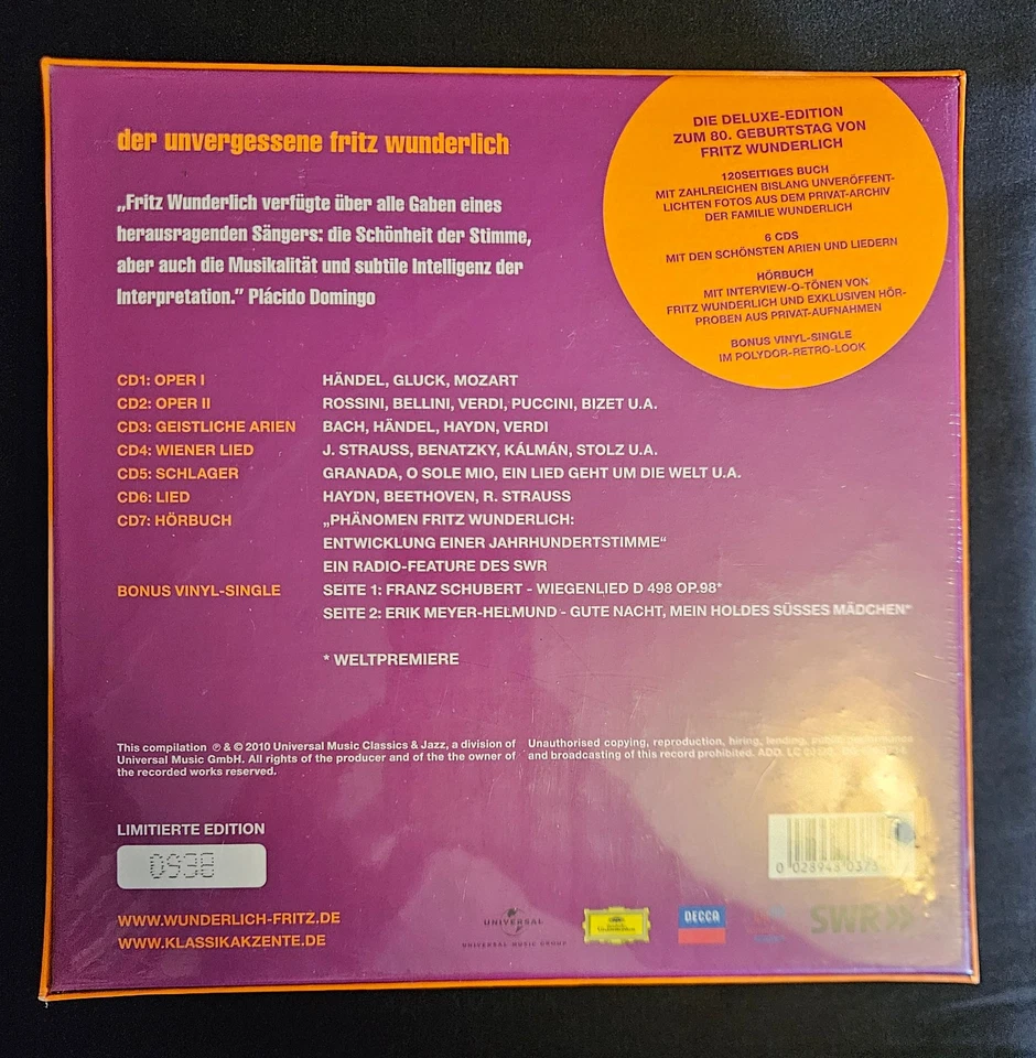 Der Unvergessene Fritz Wunderlich - Die Deluxe-Edition zum 80. Geburtstag 7-CDs+ - Bild 2 von 2