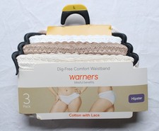 Warners Women's 3-Pack Dig-Free Lace Cotton Hipster DH3 Multicolor Large NWT