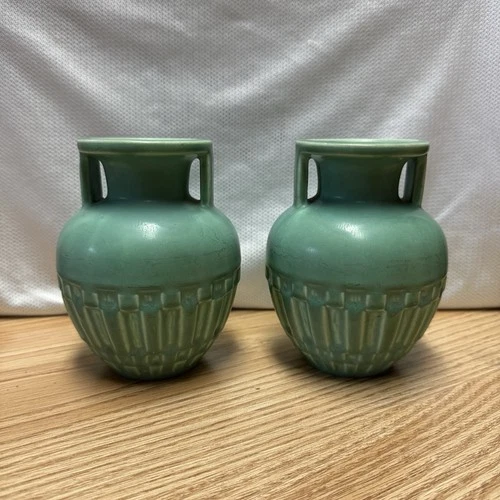 Pair Of 1937 Rookwood Pottery Teal Green 5.25" Art & Craft/Mission Vase #6255
