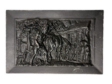 Antike Gusseisen Reliefplatte Pferd Kutsche Wandbild Ofenplatte Kaminplatte 6 kg