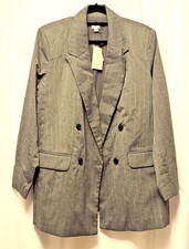 AND Nwt XL Women's Double Breasted Blazer Back Slit Mid Length Grey Stripe