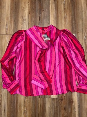 Women's Express Silky Red Striped Blouse Top Button Down Work Med Tie Neck
