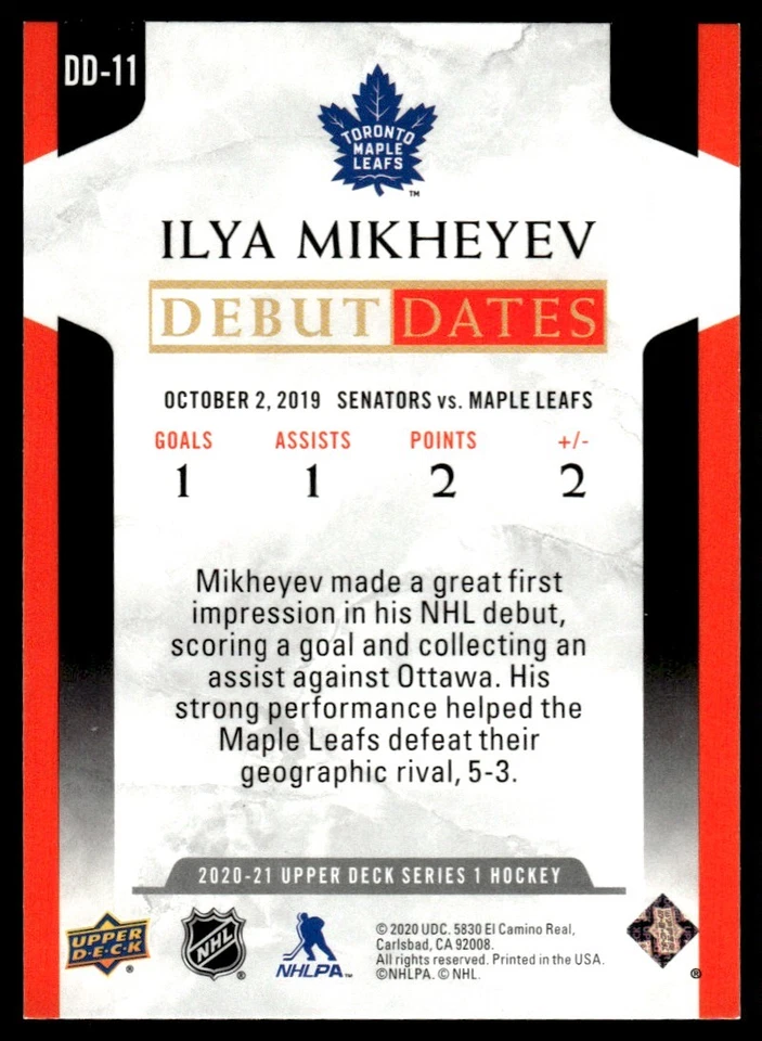 2020-21 Upper Deck Debut Dates Ilya Mikheyev Toronto Maple Leafs #DD-11 - Image 2 of 2
