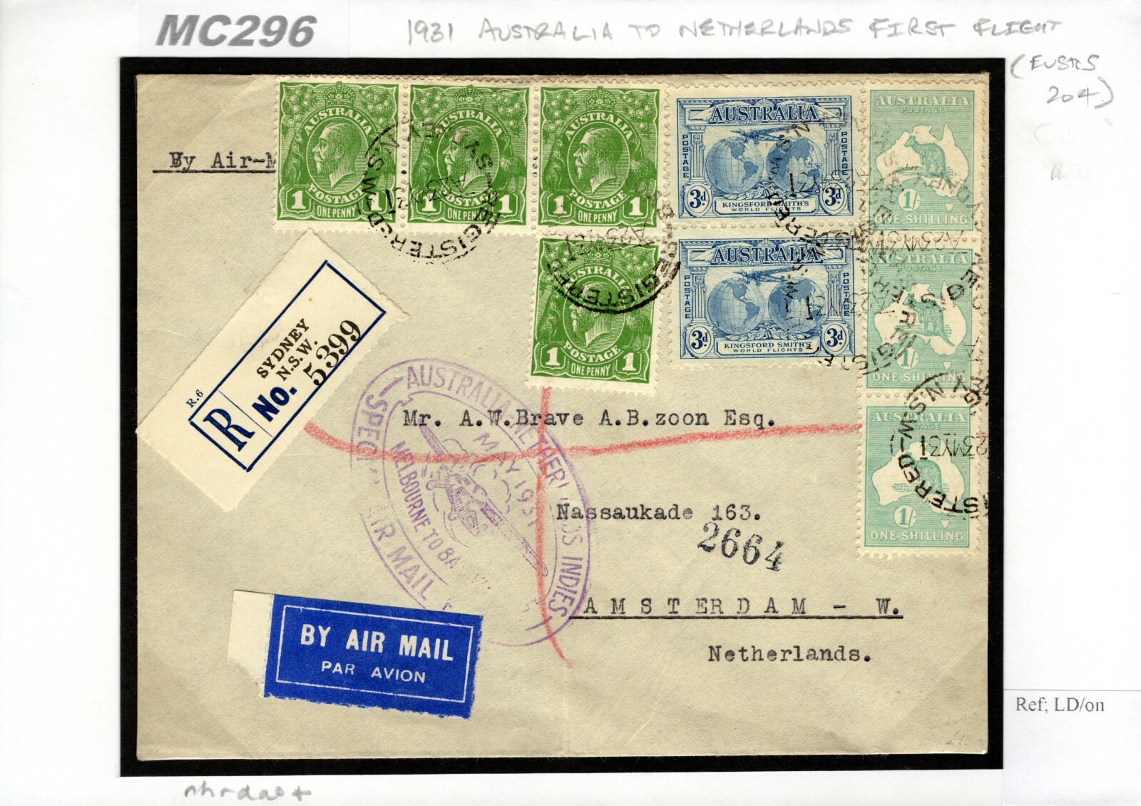 AUSTRALIA Cover KGV *ROO* 1s Strip Franking FIRST FLIGHT Air Mail 1931 DEI MC296