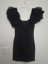 Lulus Womens Little Black Dress Sz Xs Short Length Tulle Puff Sleeves V Neckline