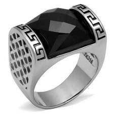 Mens onyx ring silver signet pinky black greek key stainless steel 016