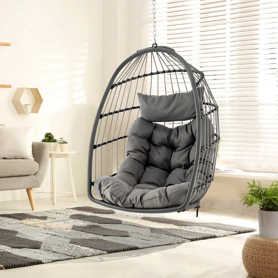 Hanging Egg Chair Wicker Swing Hammock Chair w/ Head Pillow & Seat Cushion Gray - image 3 of 4