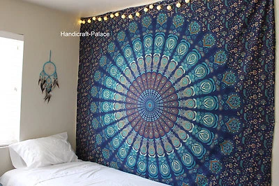 Tapisserie Mandala Indien Hippie Murale Bleue Décor Boho Couvre-Lit Jumeau - Photo 1/2