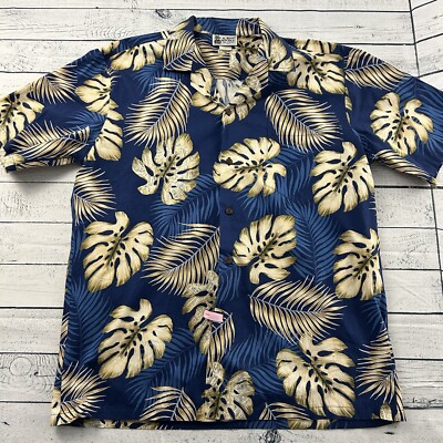 VTG Aloha Republic Short Sleeve Hawaiian Button Front Shirt Men's Large Blue Tan