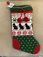 NWT Christmas Stocking Knitted Black cat kitten Red Green paw print 17. 5 Inch