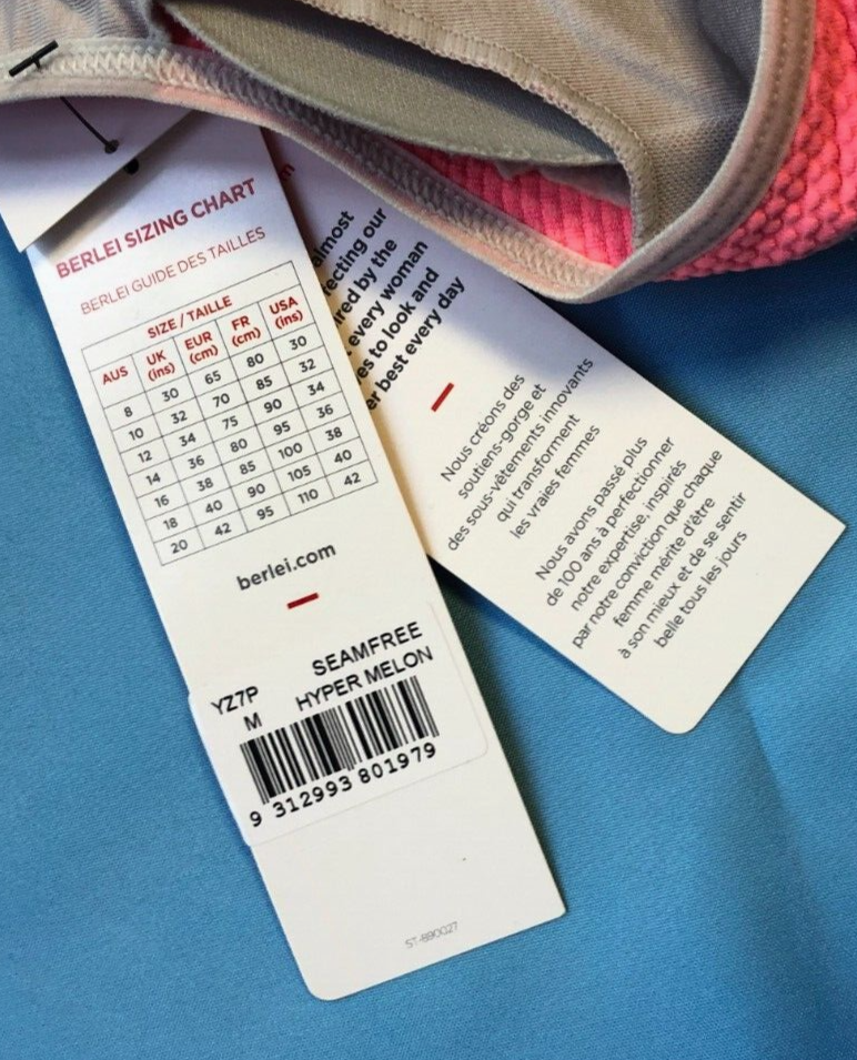 Berlei Sports Bra Medium Pink Seam Free Removable Pads Cross Back New