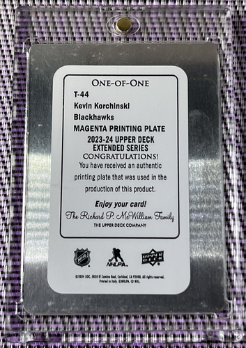 2023-24 UD Extended KEVIN KORCHINSKI T-44 RETRO YG PRINTING PLATE 1 OF 1 - Picture 2 of 6