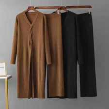Two Pieces Suits Long Sleeve Long Top Coat Leg Pant Female Loose Sweater Sets