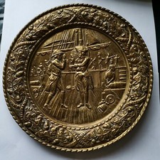 Brass Effect Metal Impressed Wall Hanging Charger Ship Sailors Vintage 14 Inch