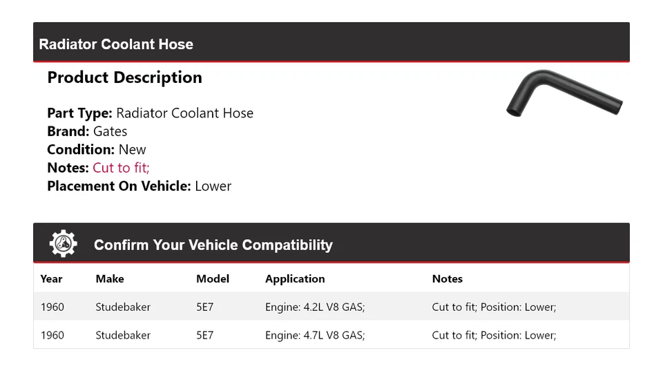 Manguera de refrigerante de radiador Studebaker 5E7 1960 puertas inferiores Foto 2 de 4