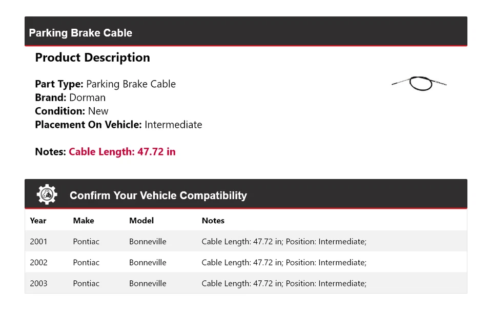 Cable de freno de estacionamiento intermedio 2002 para Pontiac Bonneville Dorman 2001-2003 Foto 2 de 4
