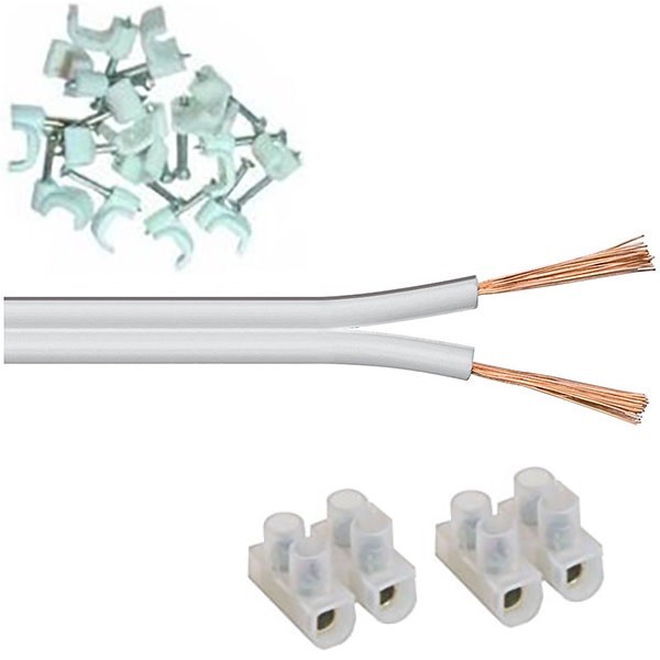 20m White Multistrand Speaker Cable Extension Kit  - Cable Clips & Joining Block