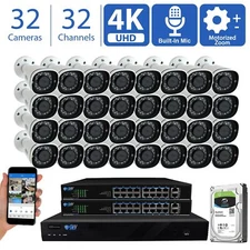 (32) 4K 8MP Motorized Zoom Microphone POE NVR AI Bullet Security Camera System
