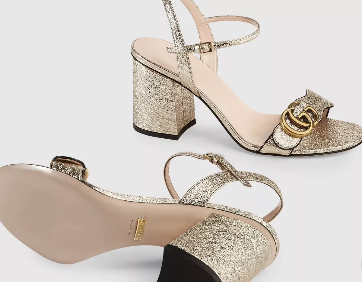GUCCI Womens Size 42 Metallic gold laminate leather mid-heel