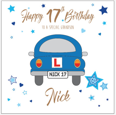 Personalised Boys Learner Driver 17th birthday card Son Grandson Nephew