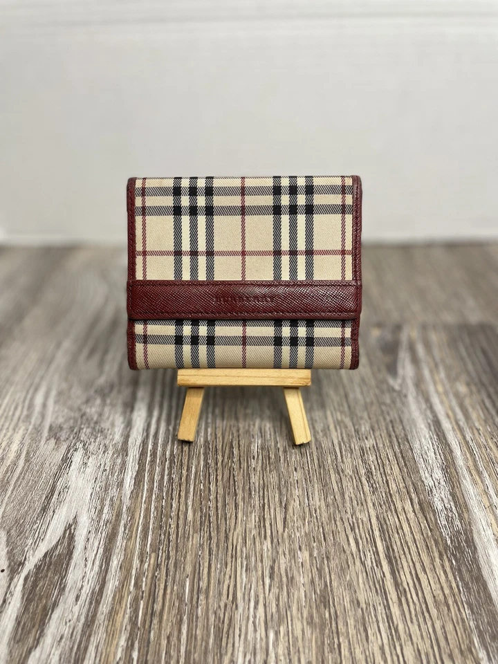 Vintage Burberry Bifold House Check Canvas Burgundy Leather Trim Wallet - Image 2 of 4