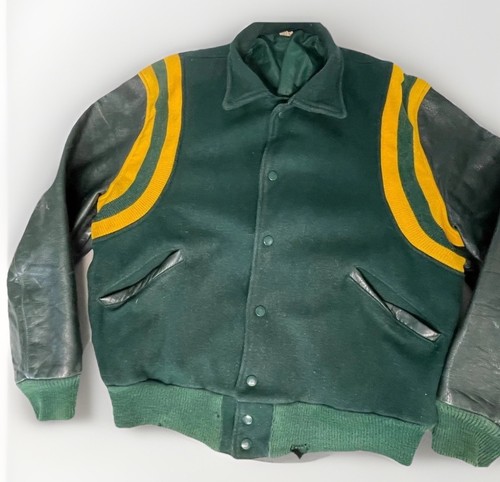 Vintage 1950s Butwin Men’s Wool & Leather Letterman Jacket Green/Yellow 46 XL