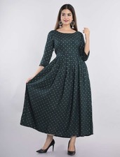 Green Kurta Women Polka Dot Flared Anarkali Kurti Gown Dress NEW
