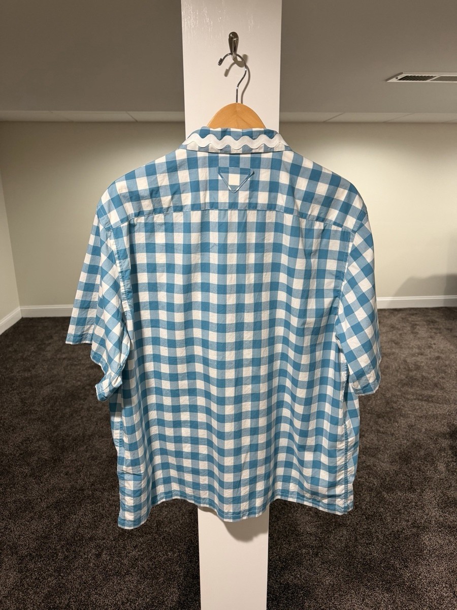 PRADA x Raf SS23 Gingham Blue Plaid Stripe Button Logo Shirt | eBay