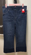 Spanx Cropped Flare Jeans Women XL Blue Dark Wash Raw Hem Pull On High Rise