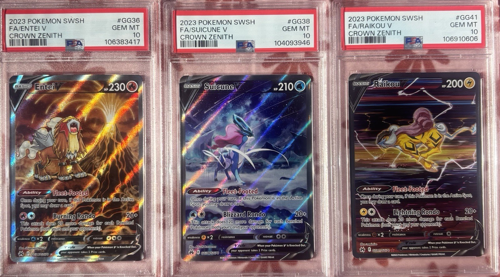 Pokemon Crown Zenith FA Suicune V GG38, Entei V GG36, Raikou V GG41  PSA 10