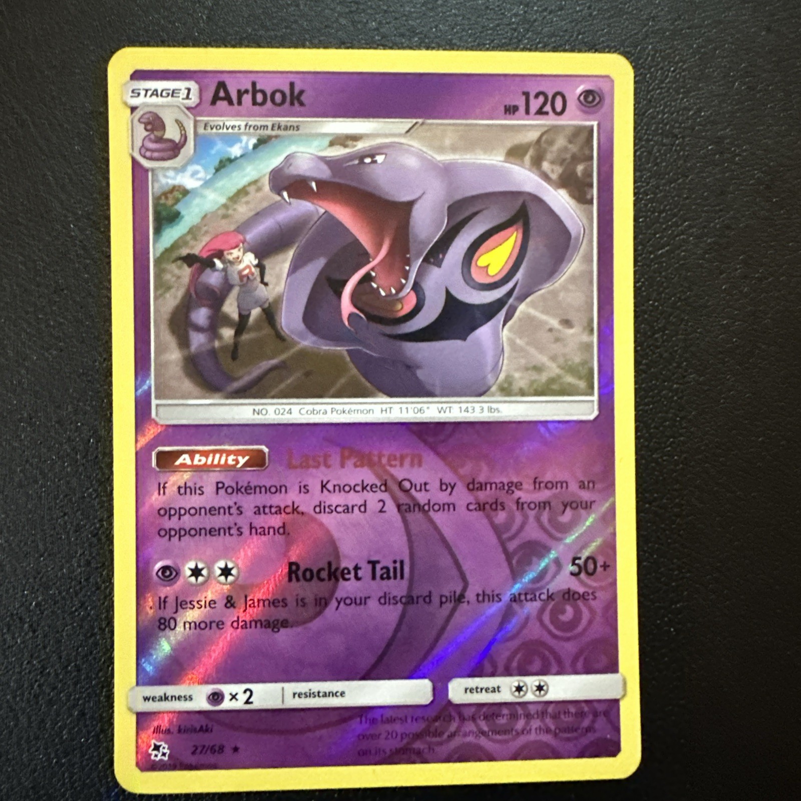 Pokemon TCG Arbok 27/68 Hidden Fates Reverse Holo Rare NM