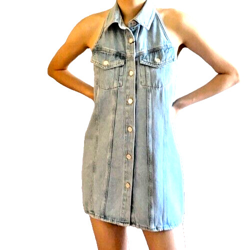 Zara TRF Plus Size 2XL Blue Denim Halter Mini Dress for Summer