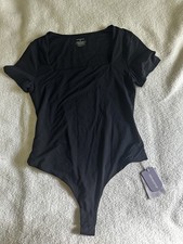 MANGOPOP black Short Sleeve square neck double lined bodysuit thong