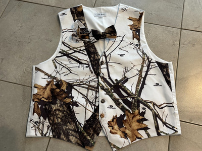 Larr Brio Mossy Oak White Camouflage Bowtie Matching Suit Formal Prom Vest Set M