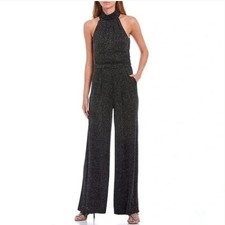 Eliza J Glitter Halter Wide Leg Black Jumpsuit - SHOW STOPPER! Size 6