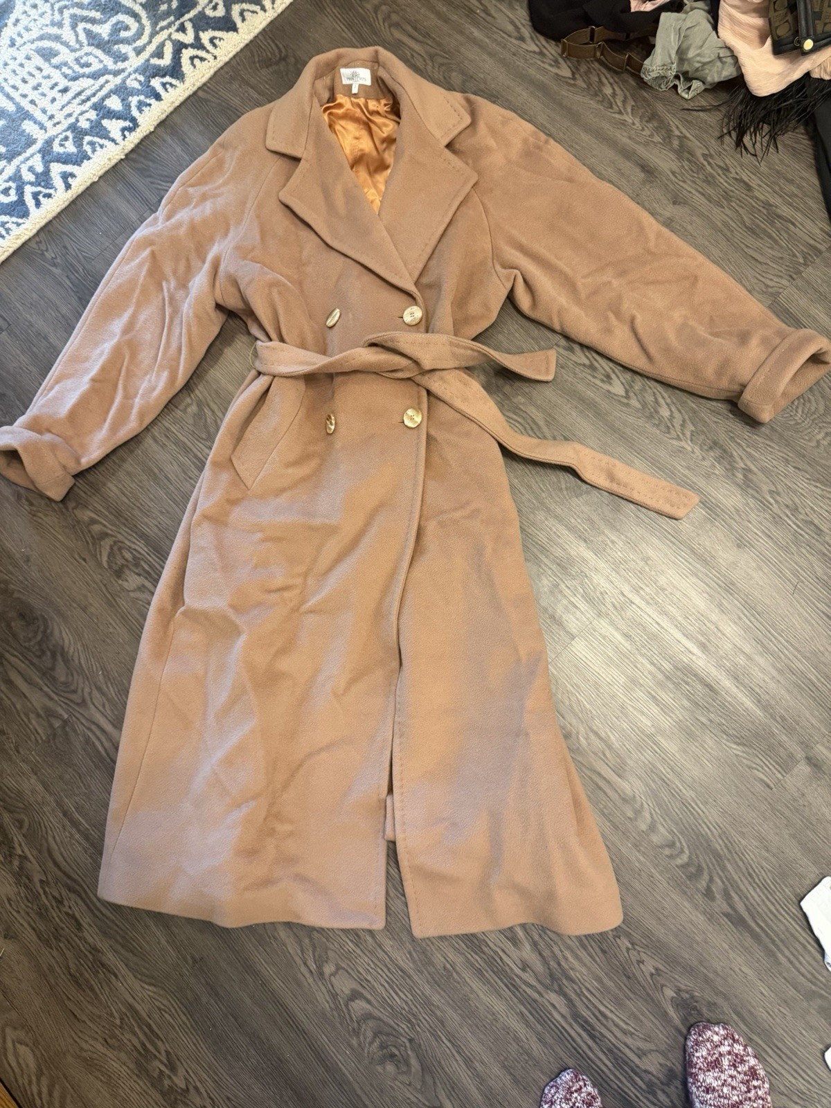 Printemps Camel Belted Button Long Overcoat Women's Size 2