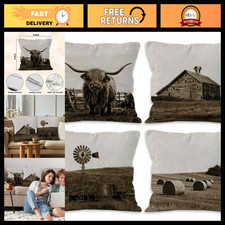 Rustic Highland Cow Throw Pillow Covers 18x18 Set of 4 - Farmhouse Decor for Cou