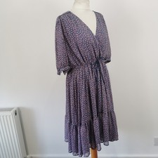 FRENCH CONNECTION V Neck Floral Tea Dress Retro Blue Red Floaty Size UK 14