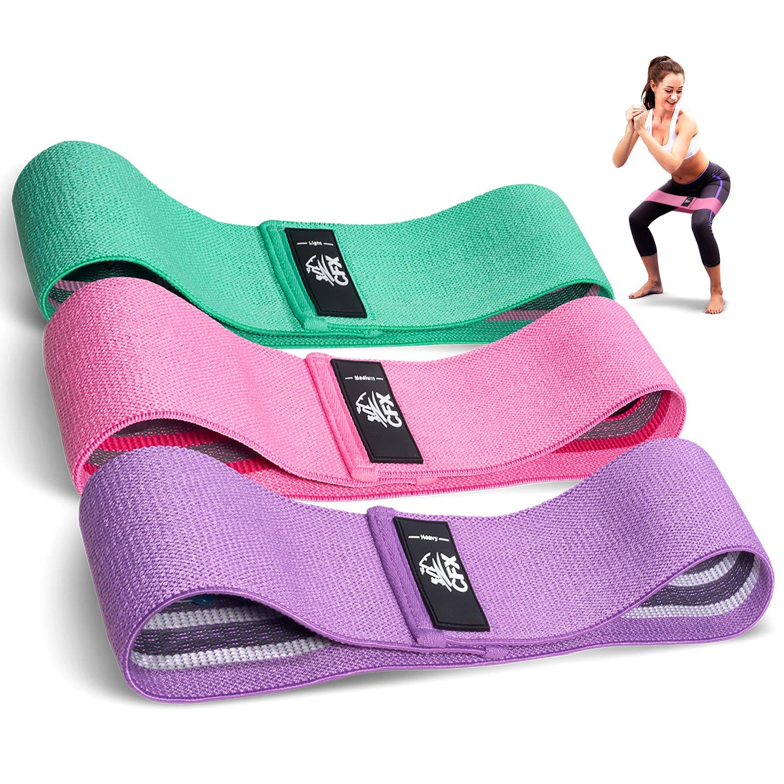 CFX Resistance Bands 3 Sets, Premium Exercise One Size, Green,Pink,Purple