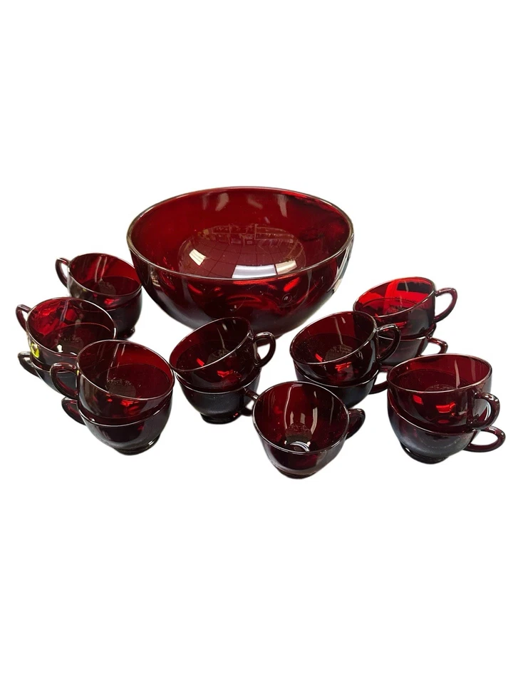 23 PC Ruby Red Vintage Glass Punch Bowl Set. 1 Bowl 15 Cups, 7 Saucers , 1 Plate - Image 2 of 4