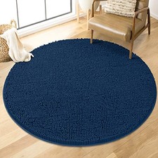 Round Bath Mat Non-Slip Chenille 3 Feet Shaggy Round 34 inches Dark Blue
