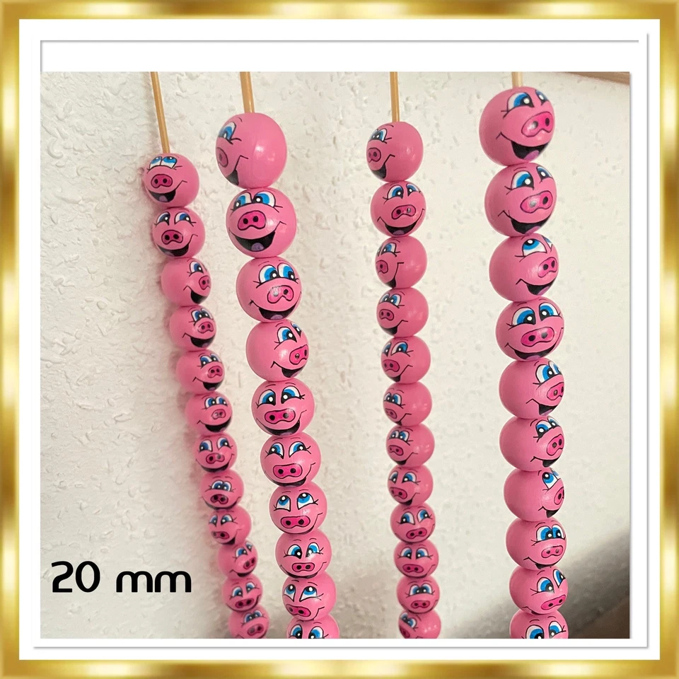 5 x Holzperlen Holzköpfe Holzkugeln, handbemalt, 20mm - Schweinchen Silvester - Bild 3 von 3