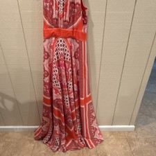 Eliza J Paisley Halter Sleeveless Bow Maxi Dress Orange Pink Peach Cream Size 14