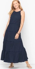 Talbots Navy Blue Halter Tiered Maxi Dress Gauze Nautical Coastal Boho Indie 12