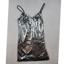 Wild Fable Silver Sequin Mini Dress Womens Medium V-Neck Spaghetti Strap Party